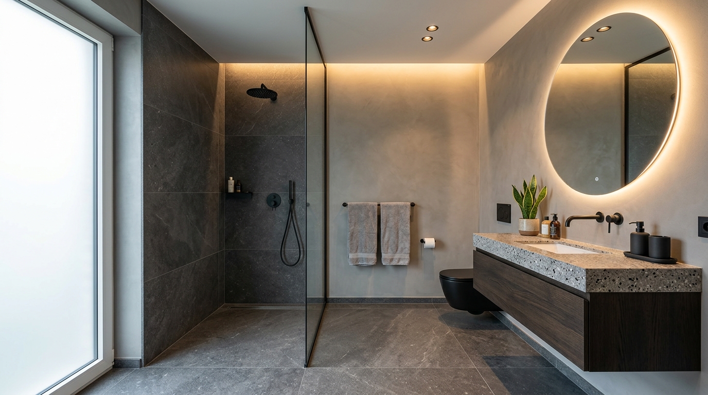 Rénovation complète de salle de bain contemporaine réalisée par Ceduka à Mons